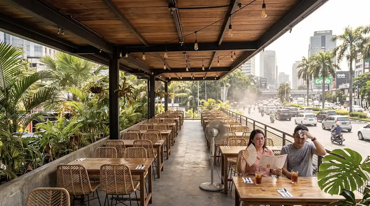 Hot terrace without cooling: empty tables, guests avoiding outdoor seating.